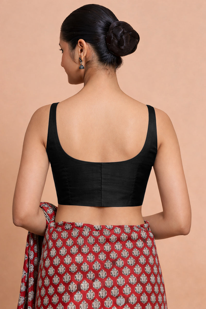 Sushmita x Tyohaar | Sleeveless Black Chanderi Saree Blouse-Binks