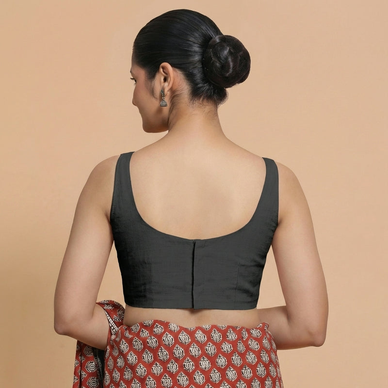 Sushmita x Rozaana | Sleeveless Black Chanderi Saree Blouse-Binks