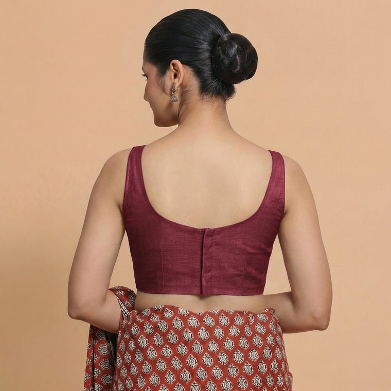 Sushmita x Rozaana Saree Blouse, in Maroon Chandheri, featuring sleeveless and round neckline, made for party & festive.