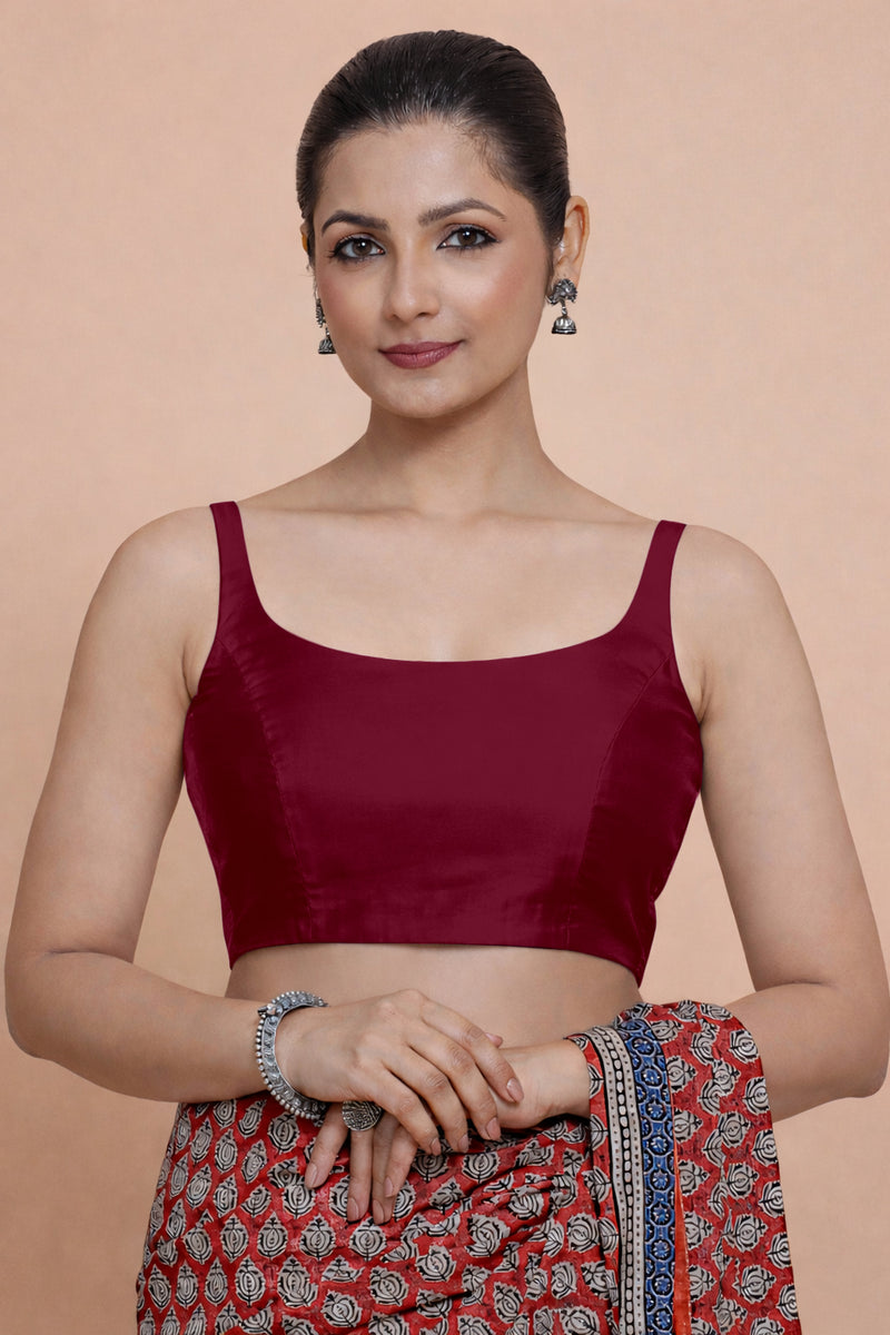 Sushmita x Tyohaar | Sleeveless Burgundy Chanderi Saree Blouse-Binks