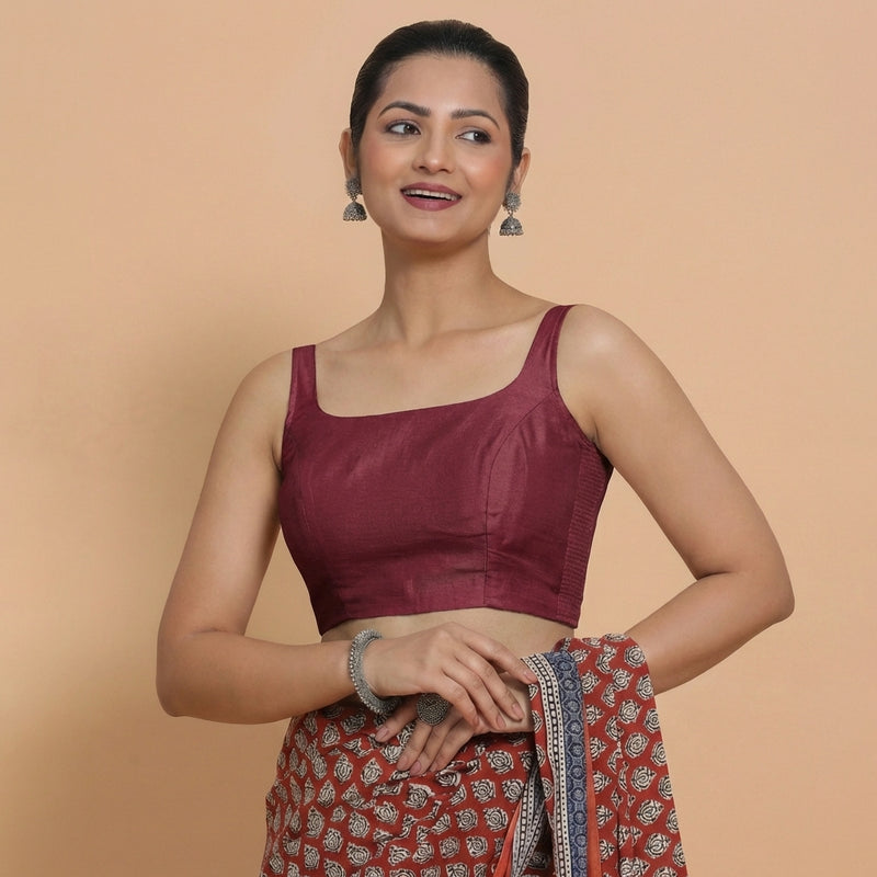 Sushmita x Rozaana | Sleeveless Burgundy Chanderi Saree Blouse-Binks
