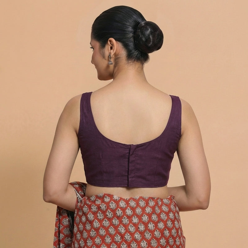 Sushmita x Rozaana | Sleeveless Deep Purple Chanderi Saree Blouse-Binks
