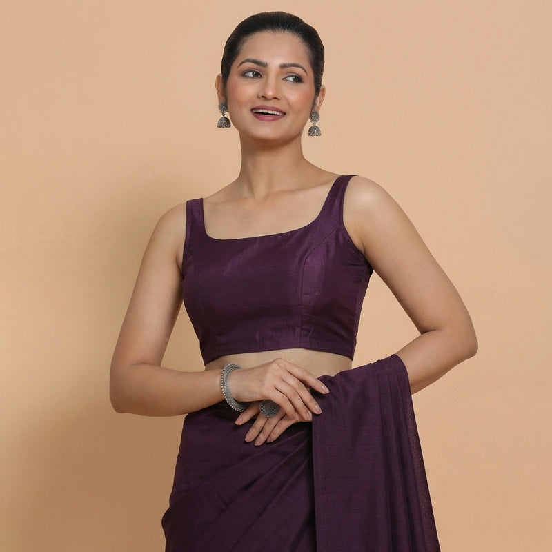 Sushmita x Rozaana | Sleeveless Deep Purple Chanderi Saree Blouse-Binks