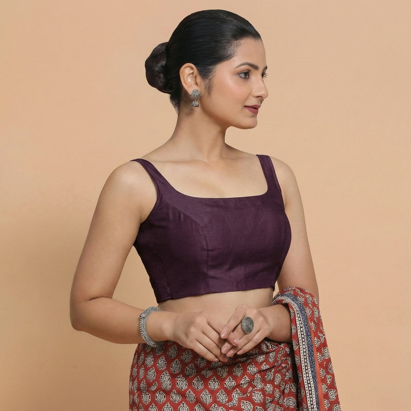 Sushmita x Rozaana | Sleeveless Deep Purple Chanderi Saree Blouse-Binks