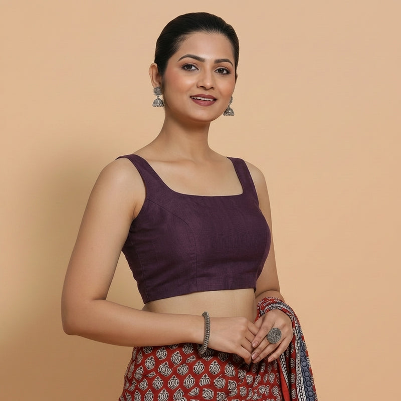 Sushmita x Rozaana | Sleeveless Deep Purple Chanderi Saree Blouse-Binks