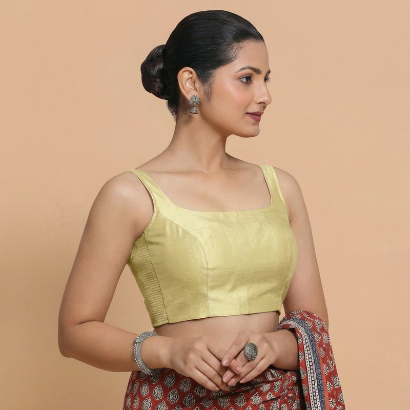 Sushmita x Rozaana | Sleeveless Lemon Yellow Chanderi Saree Blouse-Binks