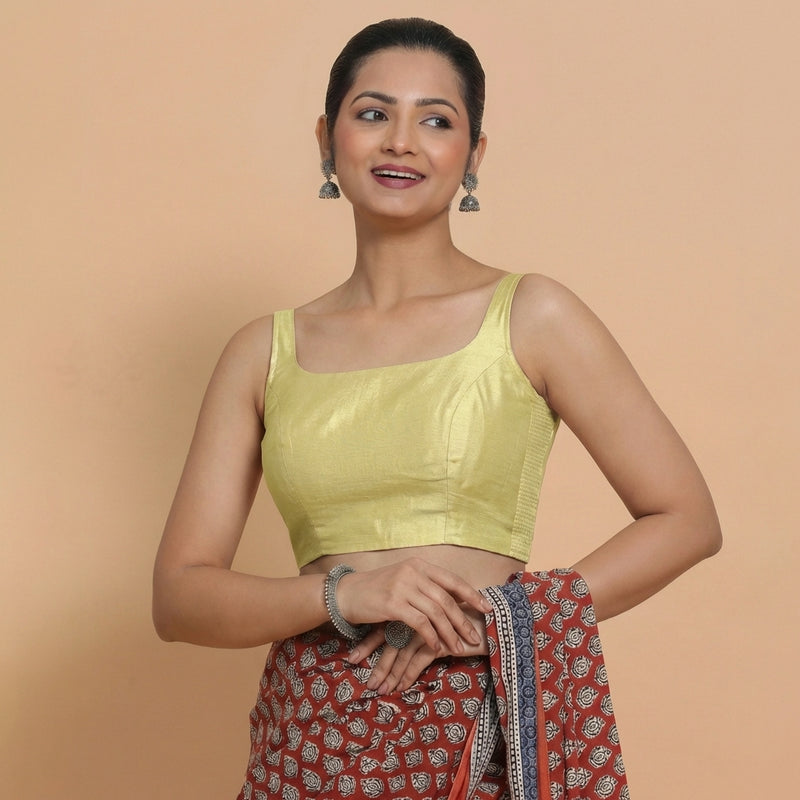 Sushmita x Rozaana | Sleeveless Lemon Yellow Chanderi Saree Blouse-Binks