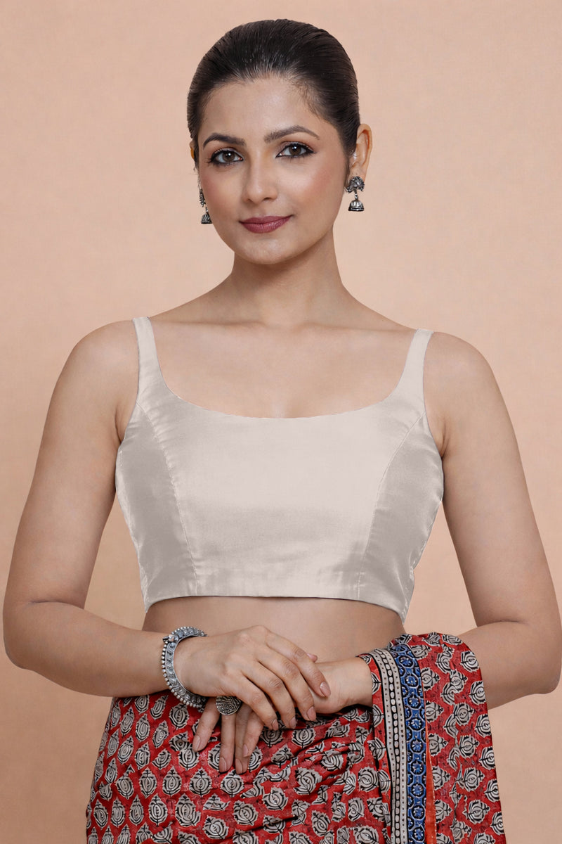 Sushmita x Tyohaar | Sleeveless Oyster Grey Chanderi Saree Blouse-Binks