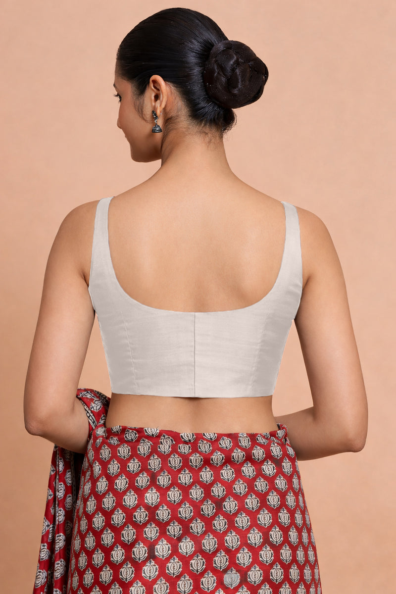 Sushmita x Tyohaar | Sleeveless Oyster Grey Chanderi Saree Blouse-Binks