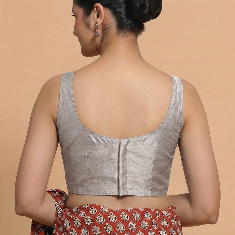 Sushmita x Rozaana | Sleeveless Oyster Grey Chanderi Saree Blouse-Binks