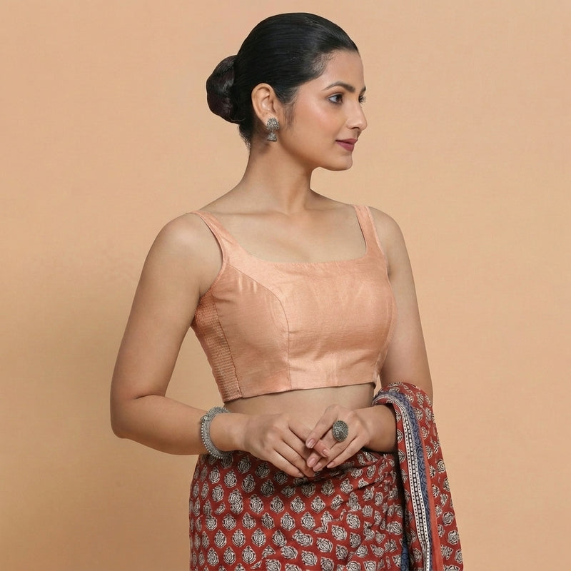 Sushmita x Rozaana | Sleeveless Peach Chanderi Saree Blouse-Binks
