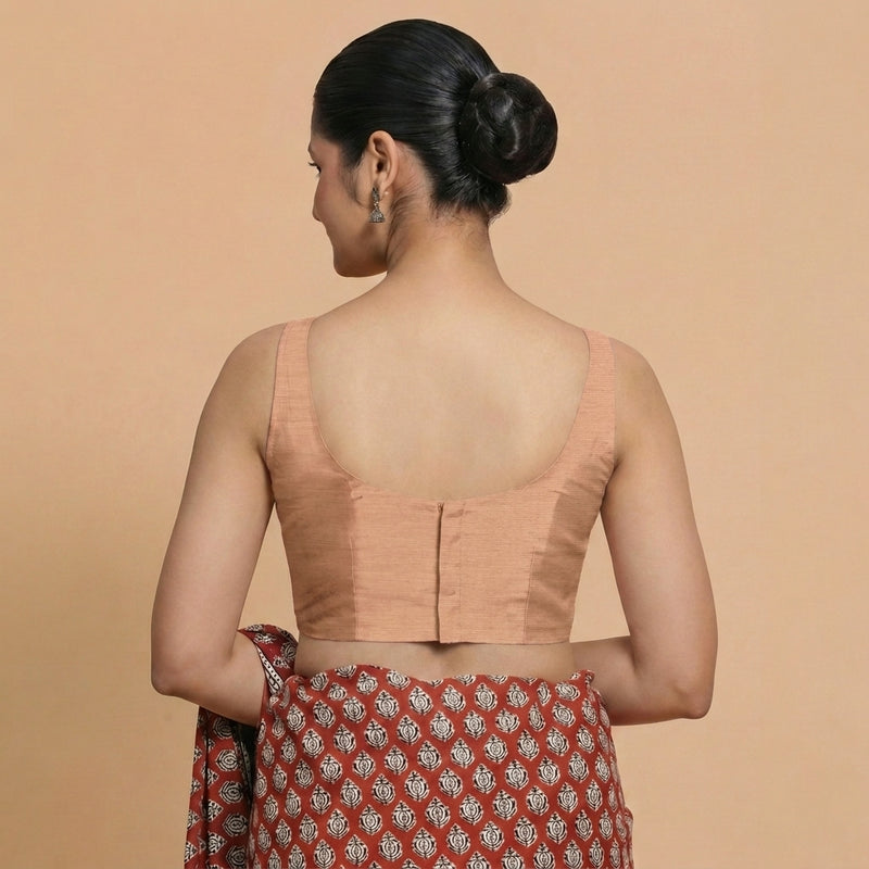 Sushmita x Rozaana | Sleeveless Peach Chanderi Saree Blouse-Binks