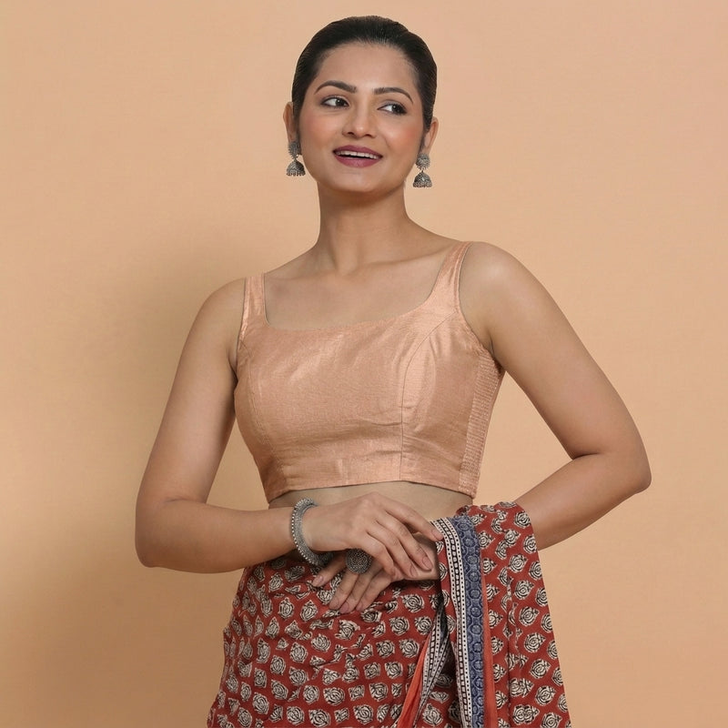 Sushmita x Rozaana | Sleeveless Peach Chanderi Saree Blouse-Binks