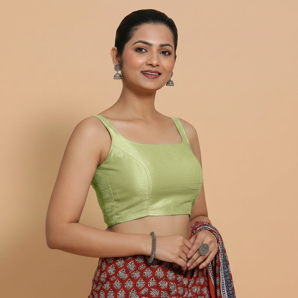 Sushmita x Rozaana Saree Blouse, in Green Chandheri, featuring sleeveless and round neckline, made for party & festive.