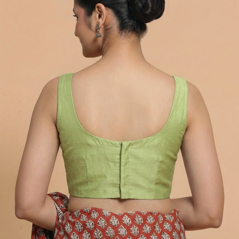 Sushmita x Rozaana | Sleeveless Pista Green Chanderi Saree Blouse-Binks