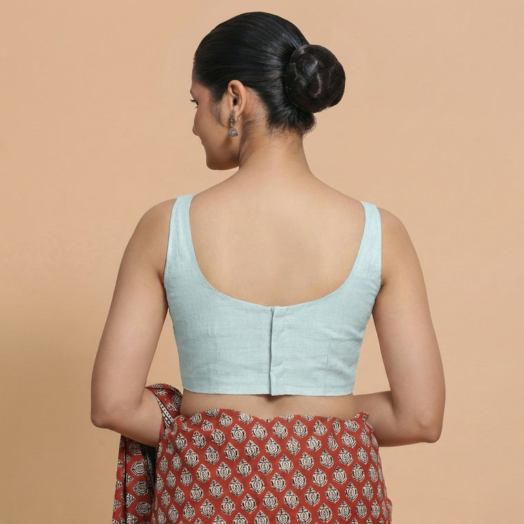 Sushmita x Rozaana Saree Blouse, in Blue Chandheri, featuring sleeveless and round neckline, made for party & festive (view 2).