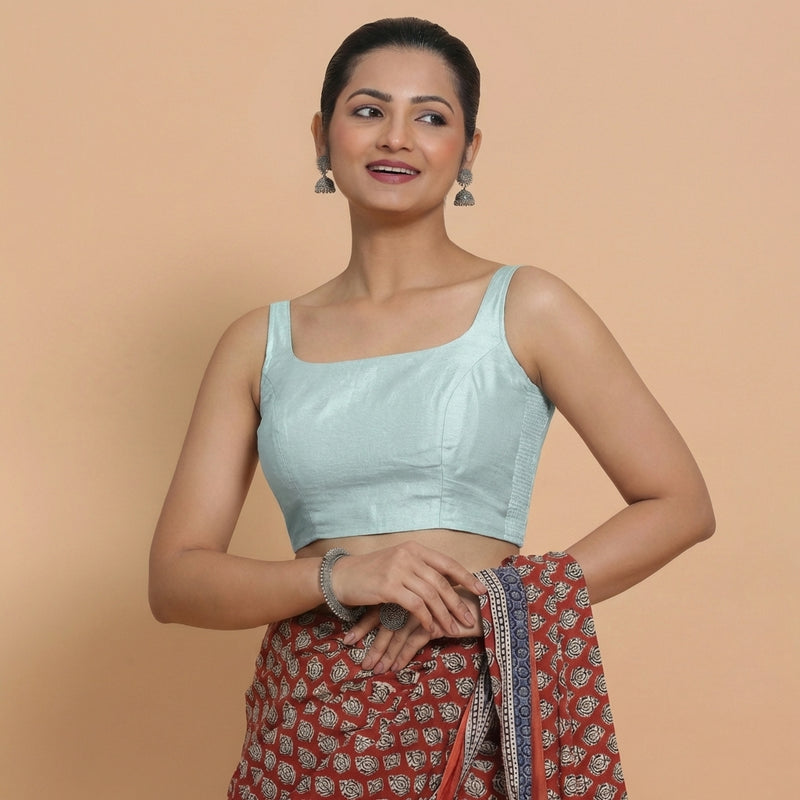Sushmita x Rozaana | Sleeveless Powder Blue Chanderi Saree Blouse-Binks