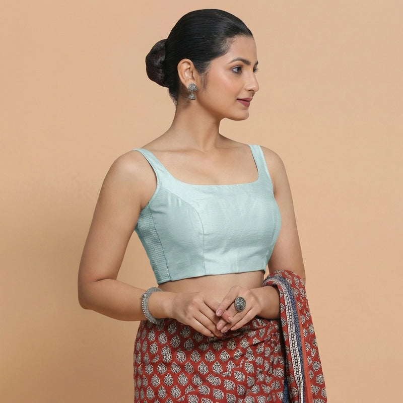 Sushmita x Rozaana | Sleeveless Powder Blue Chanderi Saree Blouse-Binks