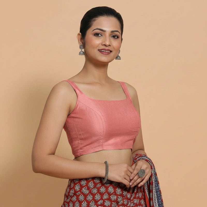 Sushmita x Rozaana | Sleeveless Rose Pink Chanderi Saree Blouse-Binks