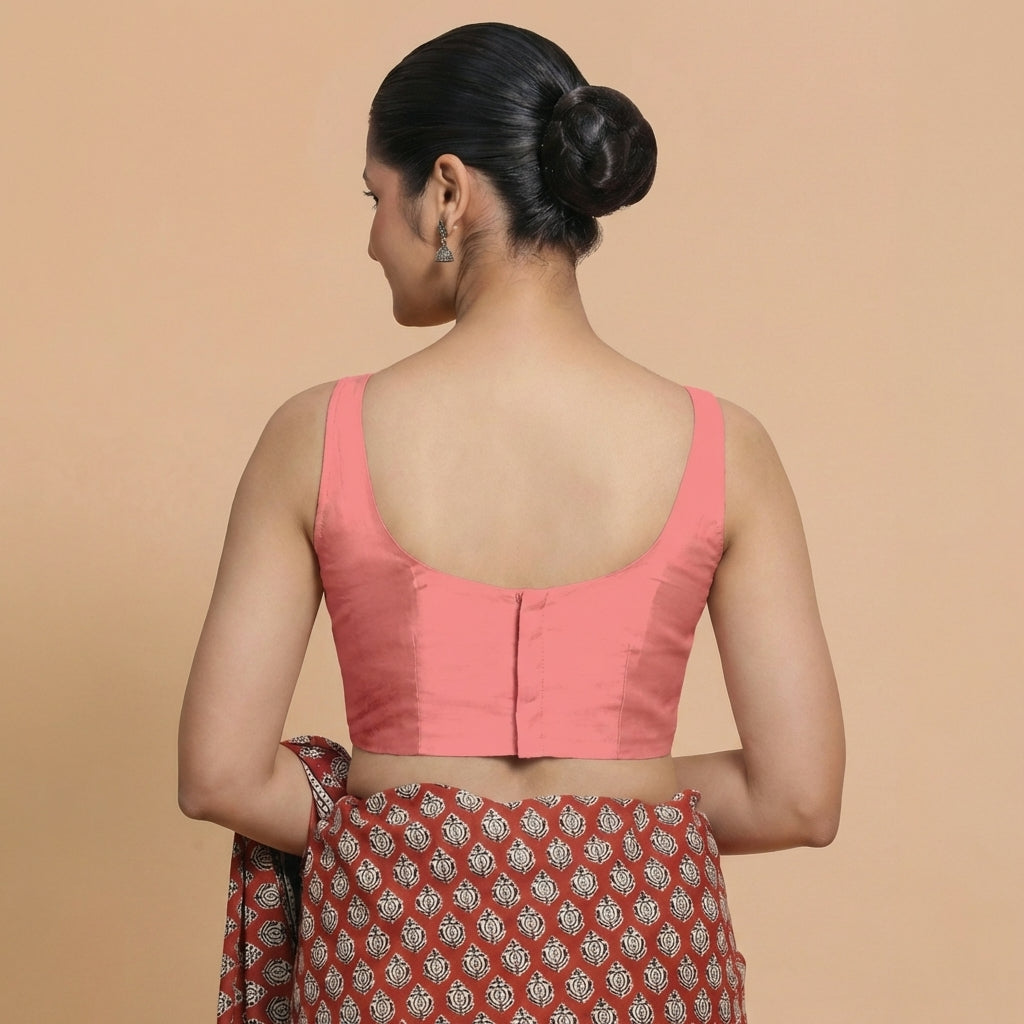 Sushmita x Rozaana Saree Blouse, in Pink Chandheri, featuring sleeveless and round neckline, made for party & festive (view 2).