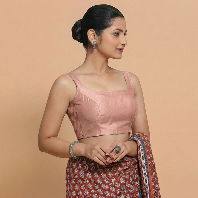 Sushmita x Rozaana | Sleeveless Sea Pink Chanderi Saree Blouse-Binks