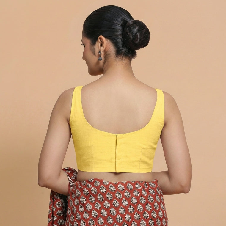 Sushmita x Rozaana Saree Blouse, in Yellow Chandheri, featuring sleeveless and round neckline, made for party & festive.