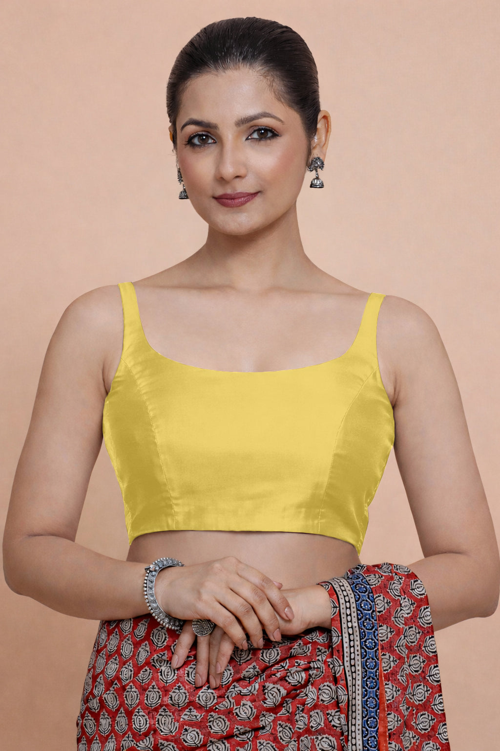 Sushmita x Rozaana Saree Blouse, in Yellow Chandheri, featuring sleeveless and round neckline, made for party & festive.