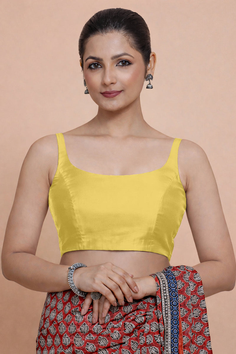Sushmita x Tyohaar | Sleeveless Sunny Yellow Chanderi Saree Blouse-Binks