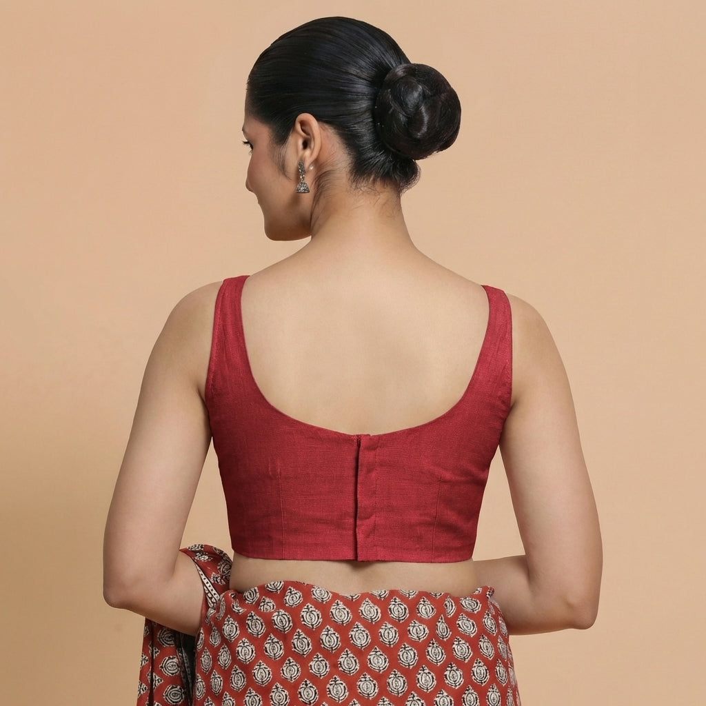Sushmita x Rozaana Saree Blouse, in Red Chandheri, featuring sleeveless and round neckline, made for party & festive (view 2).