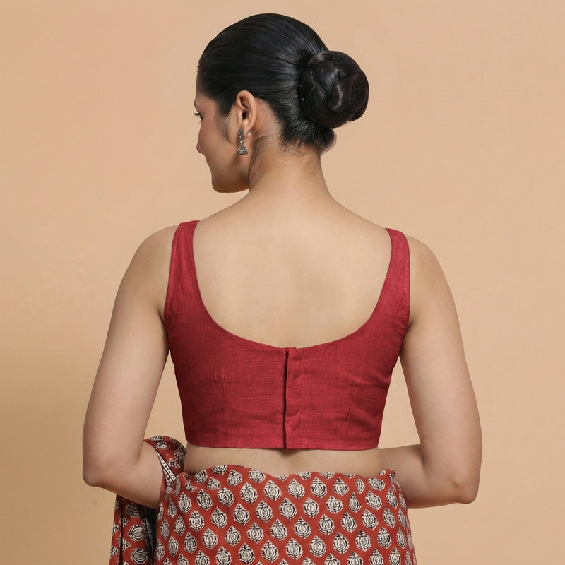Sushmita x Rozaana | Sleeveless Velvet Red Chanderi Saree Blouse-Binks