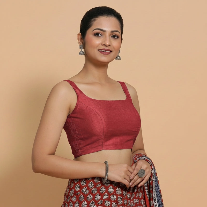 Sushmita x Rozaana | Sleeveless Velvet Red Chanderi Saree Blouse-Binks