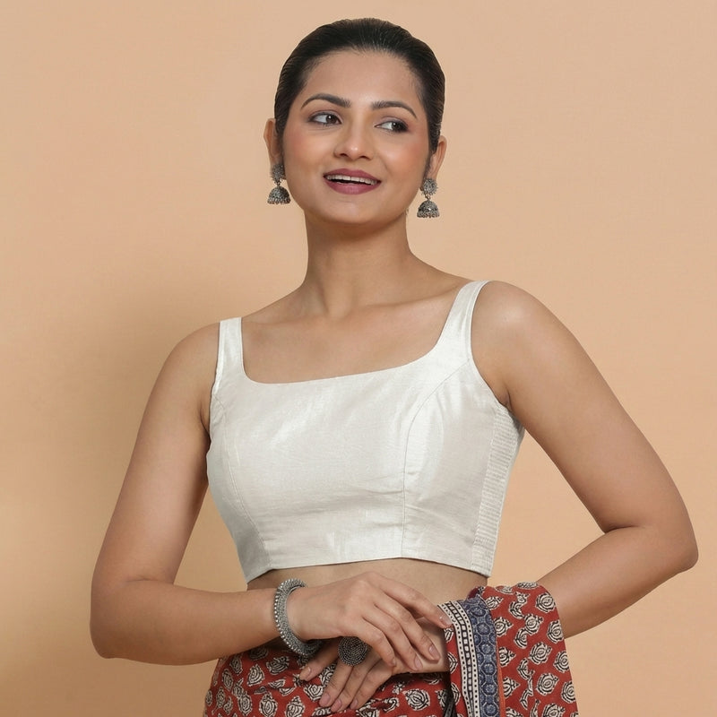 Sushmita x Rozaana | Sleeveless White Chanderi Saree Blouse-Binks