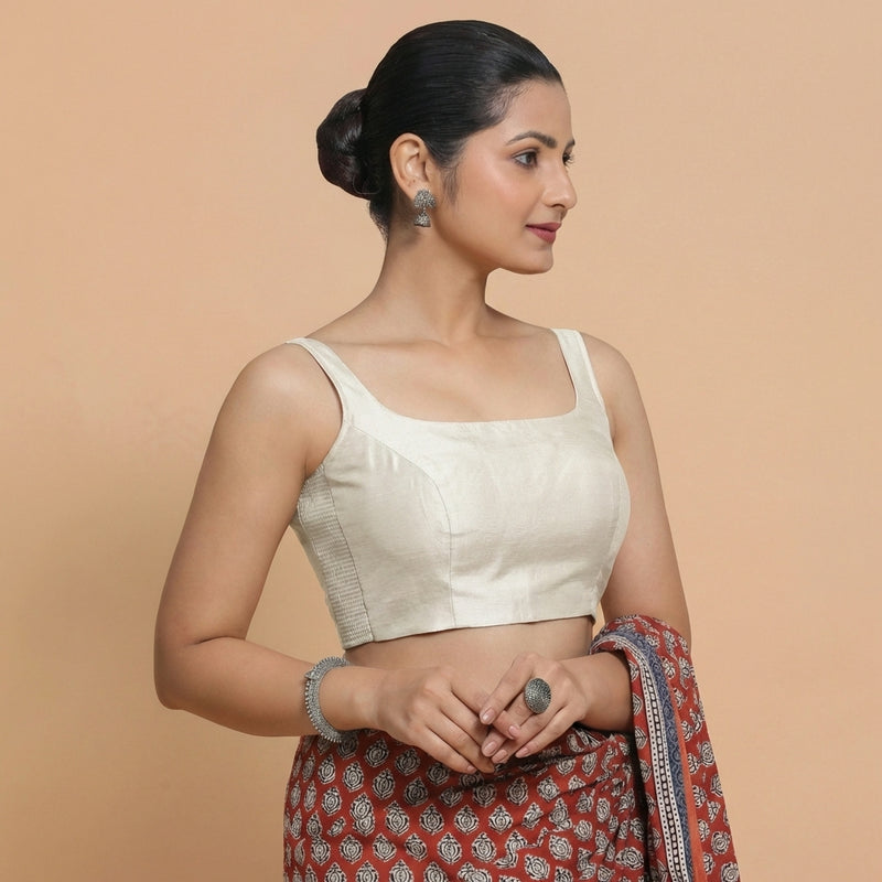 Sushmita x Rozaana | Sleeveless White Chanderi Saree Blouse-Binks