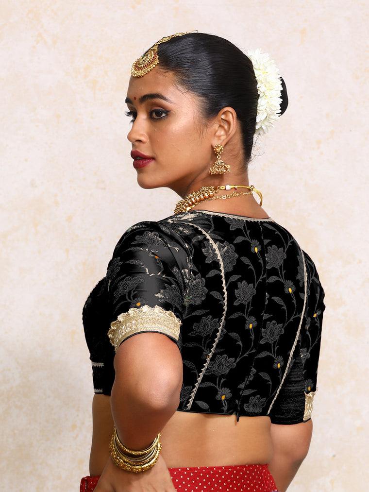 Taahira x Tyohaar Saree Blouse, in Black Meenakari Satin Viscose, featuring elbow sleeves and v-neckline (view 2).
