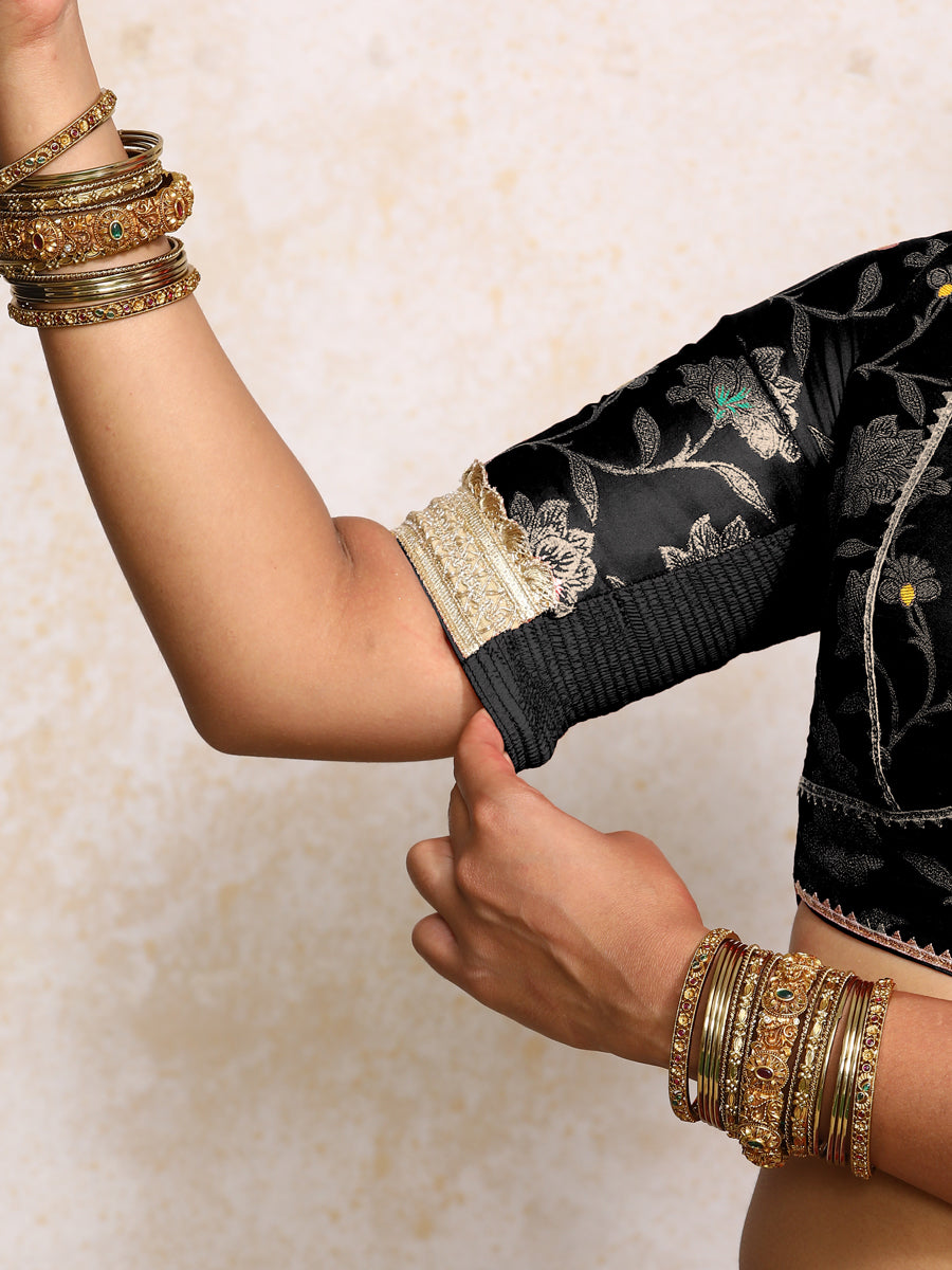 Taahira x Tyohaar Saree Blouse, in Black Meenakari Satin Viscose, featuring elbow sleeves and v-neckline (view 4).