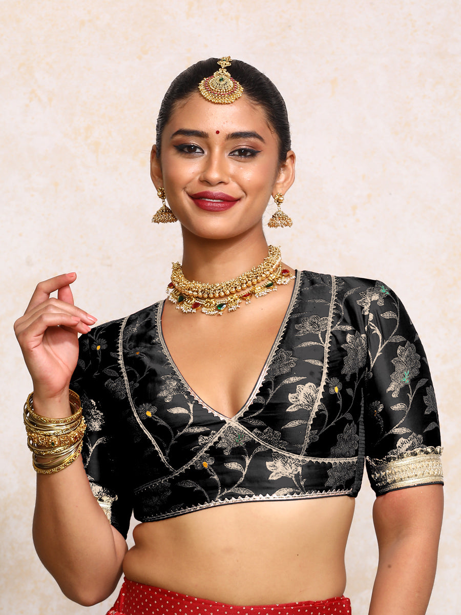 Taahira x Tyohaar Saree Blouse, in Black Meenakari Satin Viscose, featuring elbow sleeves and v-neckline (view 6).