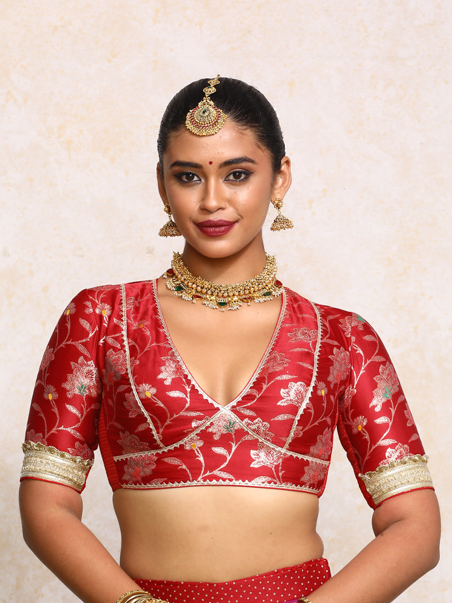 Taahira x Tyohaar Saree Blouse, in Red Meenakari Satin Viscose, featuring elbow sleeves and v-neckline.