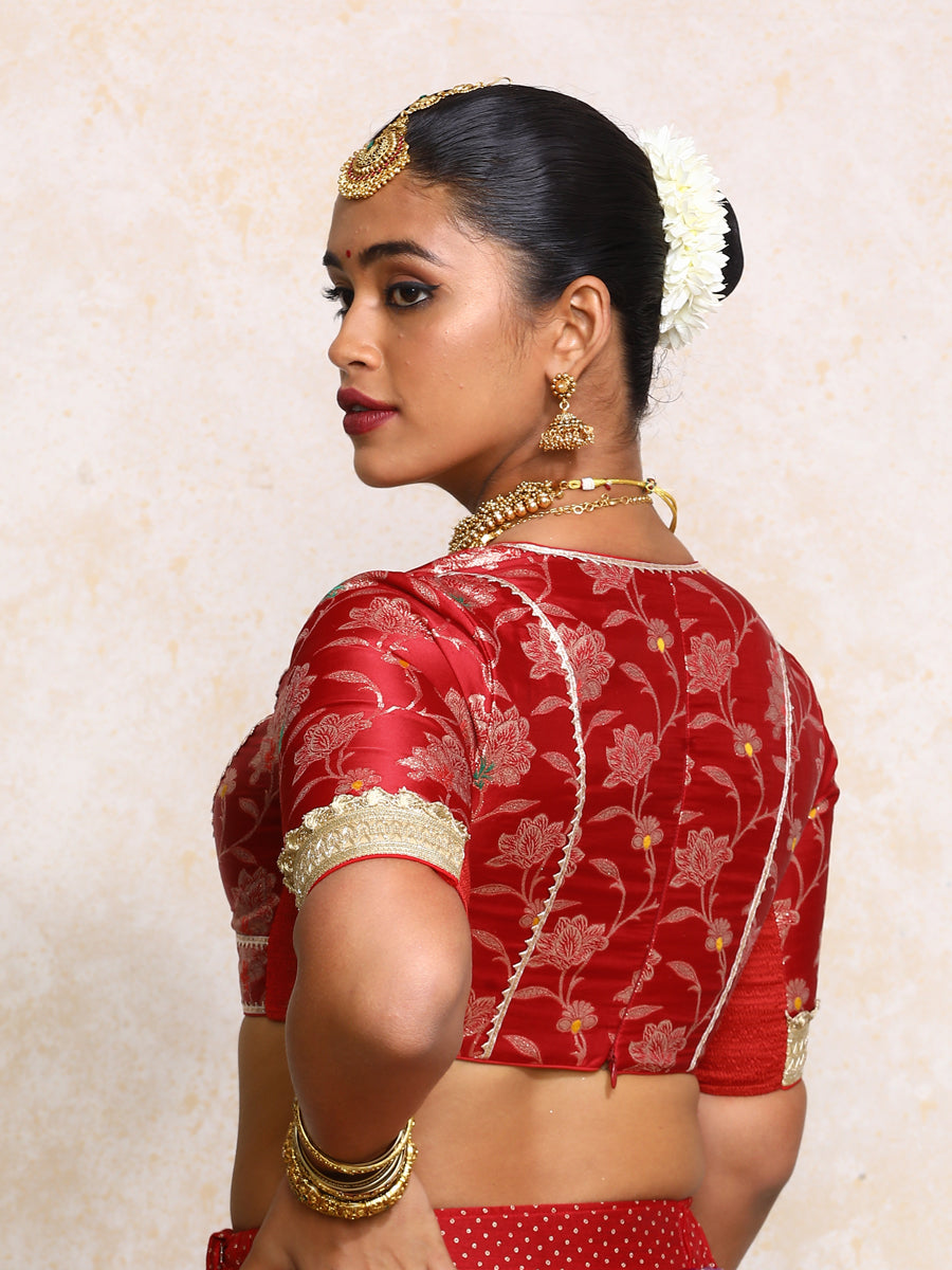 Taahira x Tyohaar Saree Blouse, in Red Meenakari Satin Viscose, featuring elbow sleeves and v-neckline (view 2).