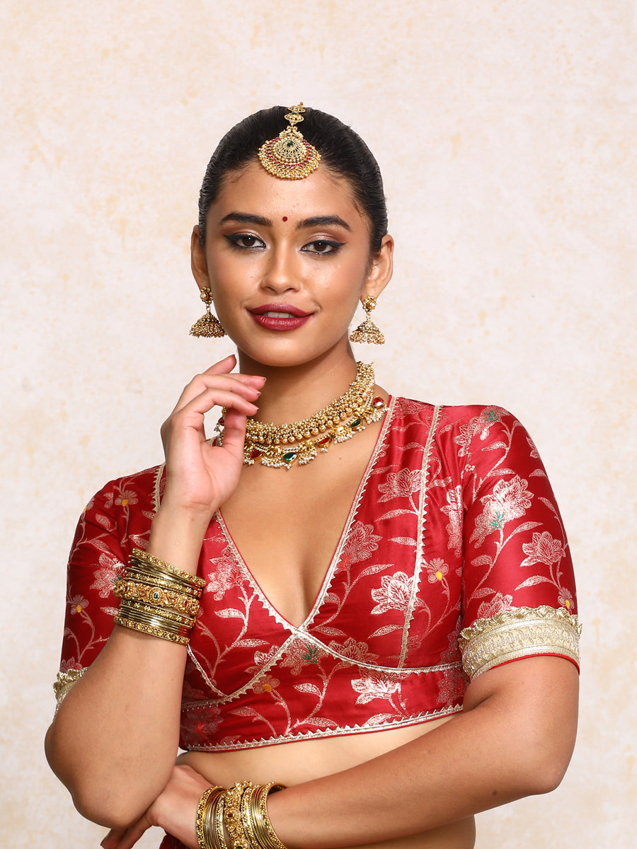 Taahira x Tyohaar Saree Blouse, in Red Meenakari Satin Viscose, featuring elbow sleeves and v-neckline (view 6).