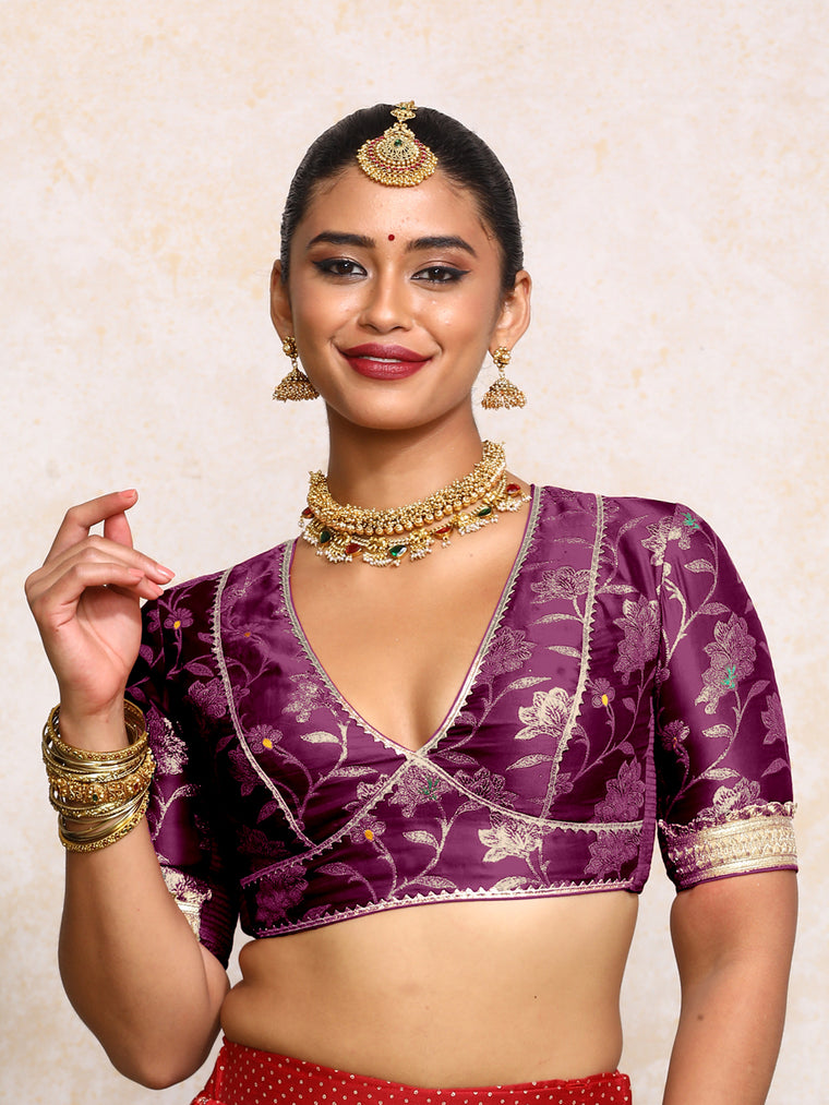 Taahira x Tyohaar Saree Blouse, in Purple Meenakari Satin Viscose, featuring elbow sleeves and v-neckline.