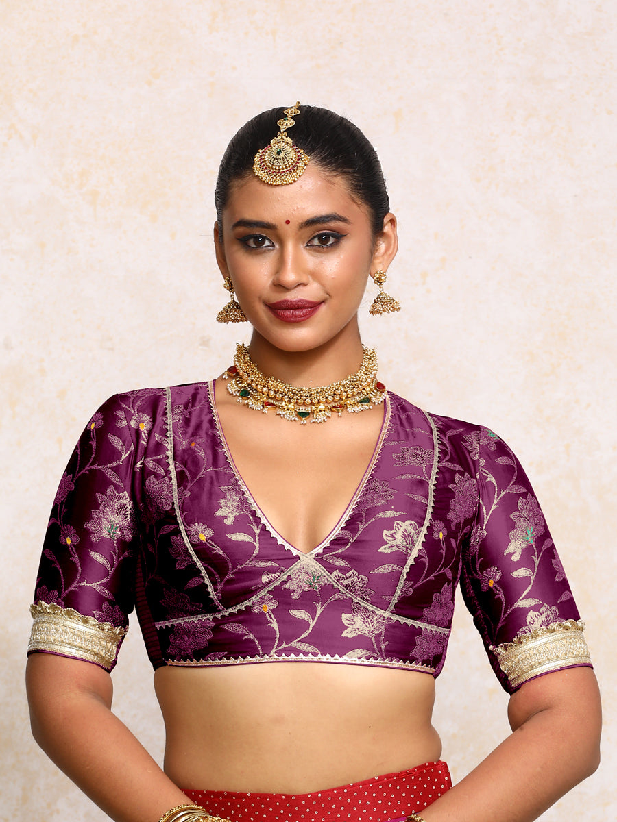 Taahira x Tyohaar Saree Blouse, in Purple Meenakari Satin Viscose, featuring elbow sleeves and v-neckline (view 5).