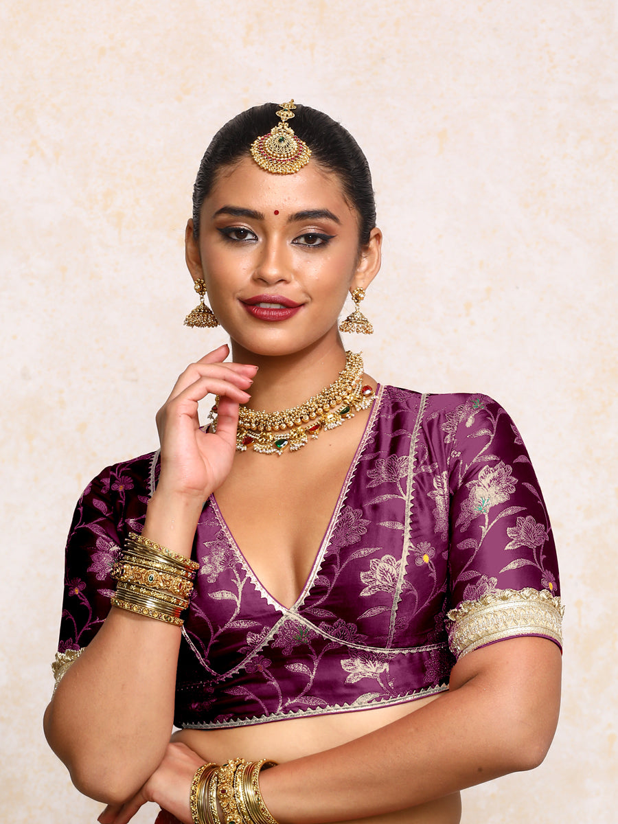 Taahira x Tyohaar Saree Blouse, in Purple Meenakari Satin Viscose, featuring elbow sleeves and v-neckline (view 6).