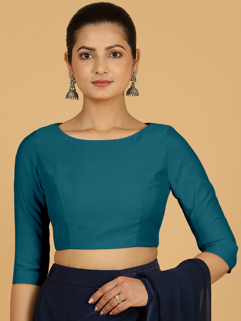 Tamanna x Rozaana | Three Quarter Sleeves Saree Blouse in Crystal Teal-Binks