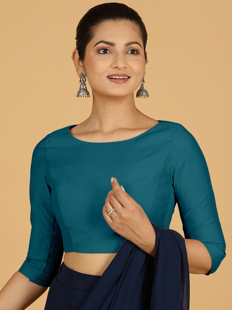 Tamanna x Rozaana | Three Quarter Sleeves Saree Blouse in Crystal Teal-Binks