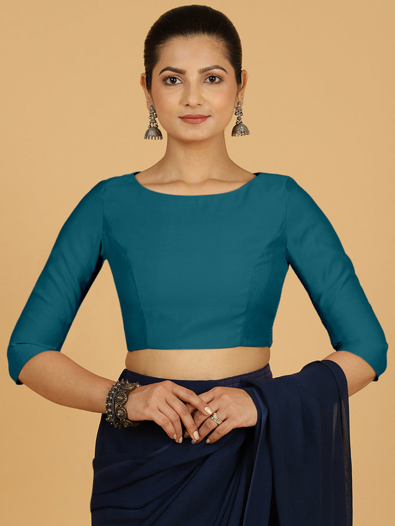 Tamanna x Rozaana | Three Quarter Sleeves Saree Blouse in Crystal Teal-Binks