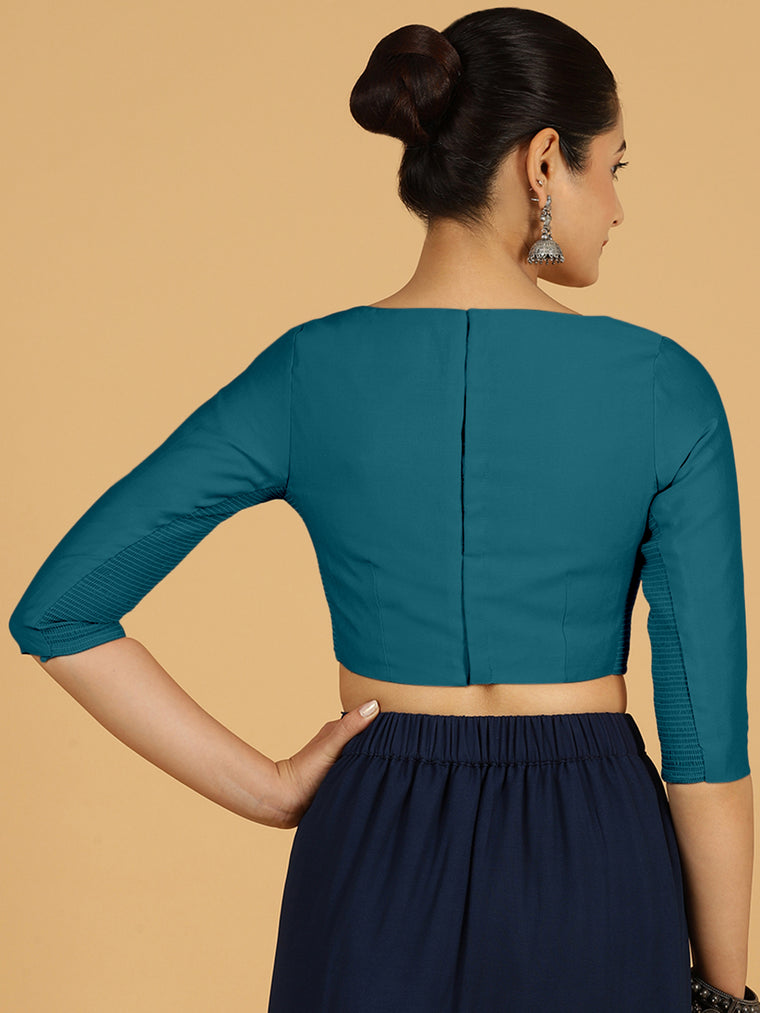 Tamanna x Rozaana Saree Blouse, in Green Viscose, featuring three quarter sleeves and boat neckline, made for daily & work.