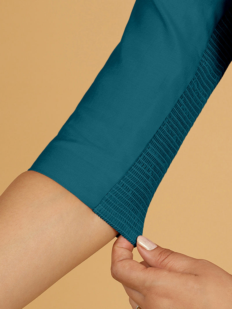 Tamanna x Rozaana | Three Quarter Sleeves Saree Blouse in Crystal Teal-Binks