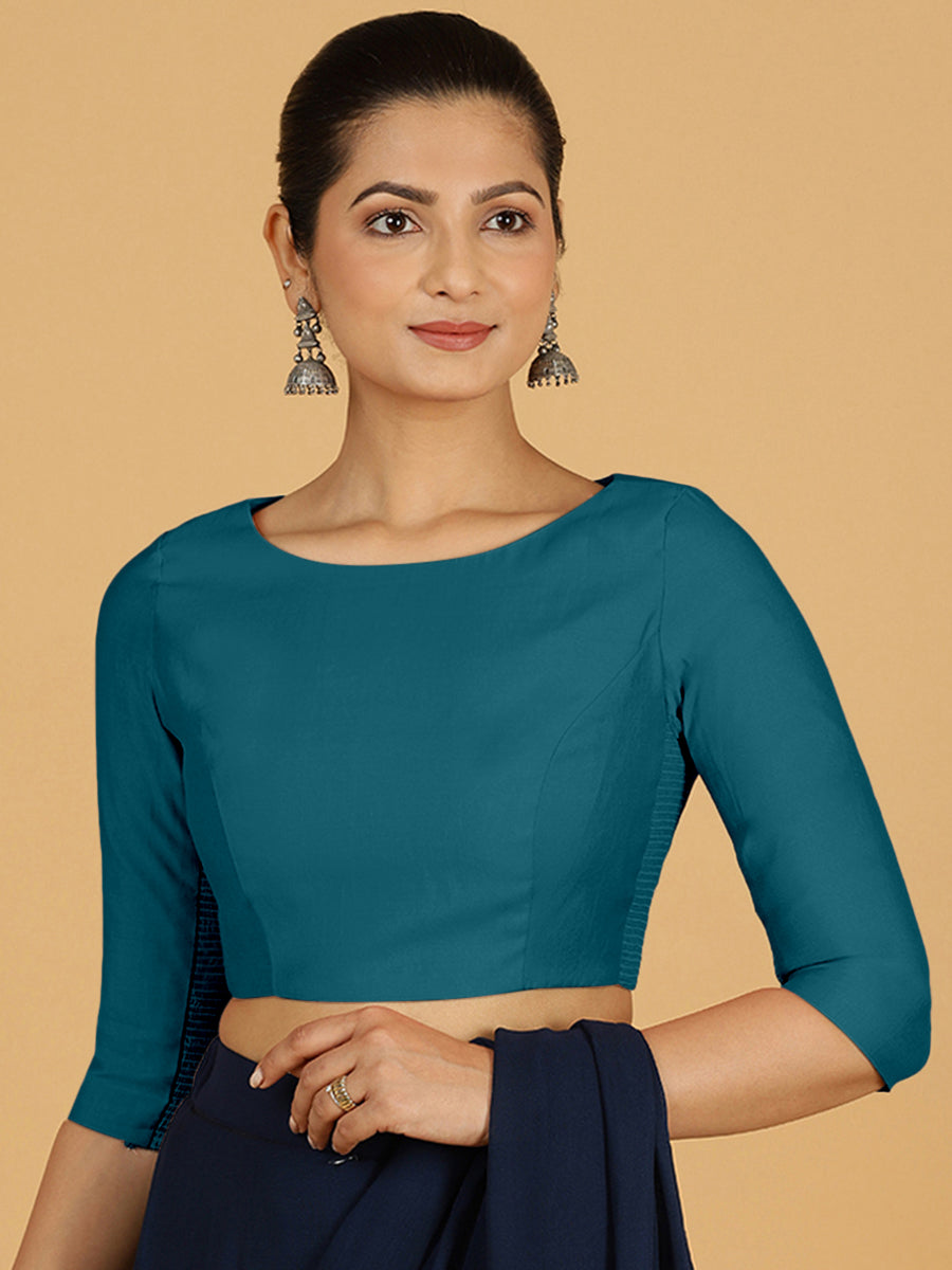 Tamanna x Rozaana Saree Blouse, in Green Viscose, featuring three quarter sleeves and boat neckline, made for daily & work.