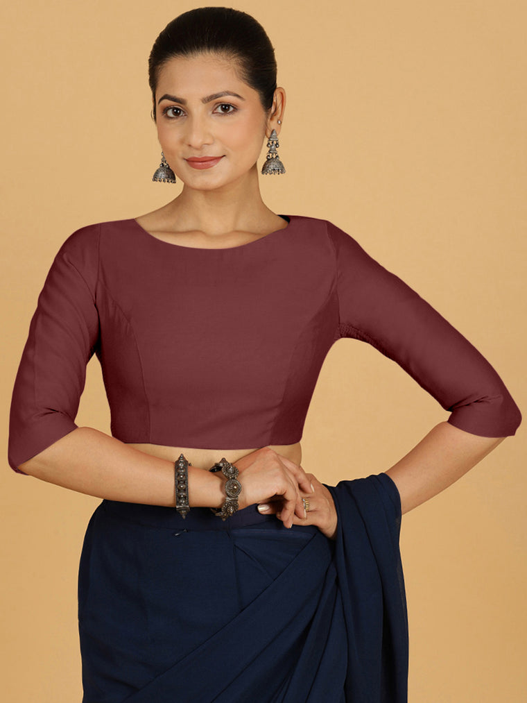 Tamanna x Rozaana Saree Blouse, in Maroon Viscose, featuring three quarter sleeves and boat neckline, made for daily & work.