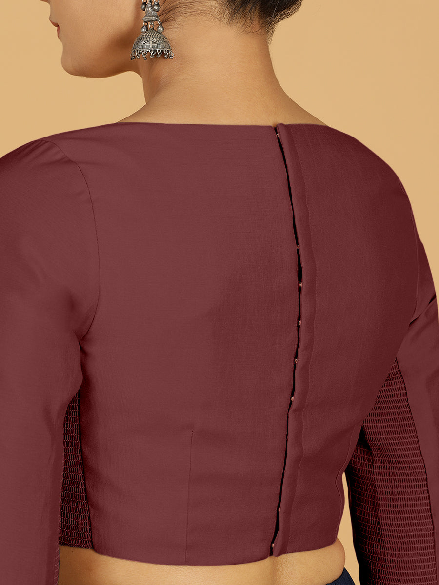 Tamanna x Rozaana Saree Blouse, in Maroon Viscose, featuring three quarter sleeves and boat neckline, made for daily & work.